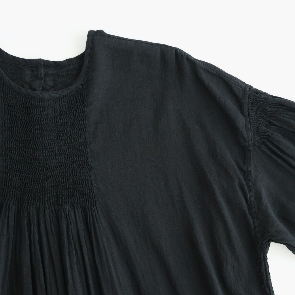 60s AUTOLOOM LINEN/COTTON PLAIN OVERDYE BACK OPENING CREW-NECK SHIRTS DRESS WITH MINI PINTUCK #9900 BLACK [INMDS26011D]