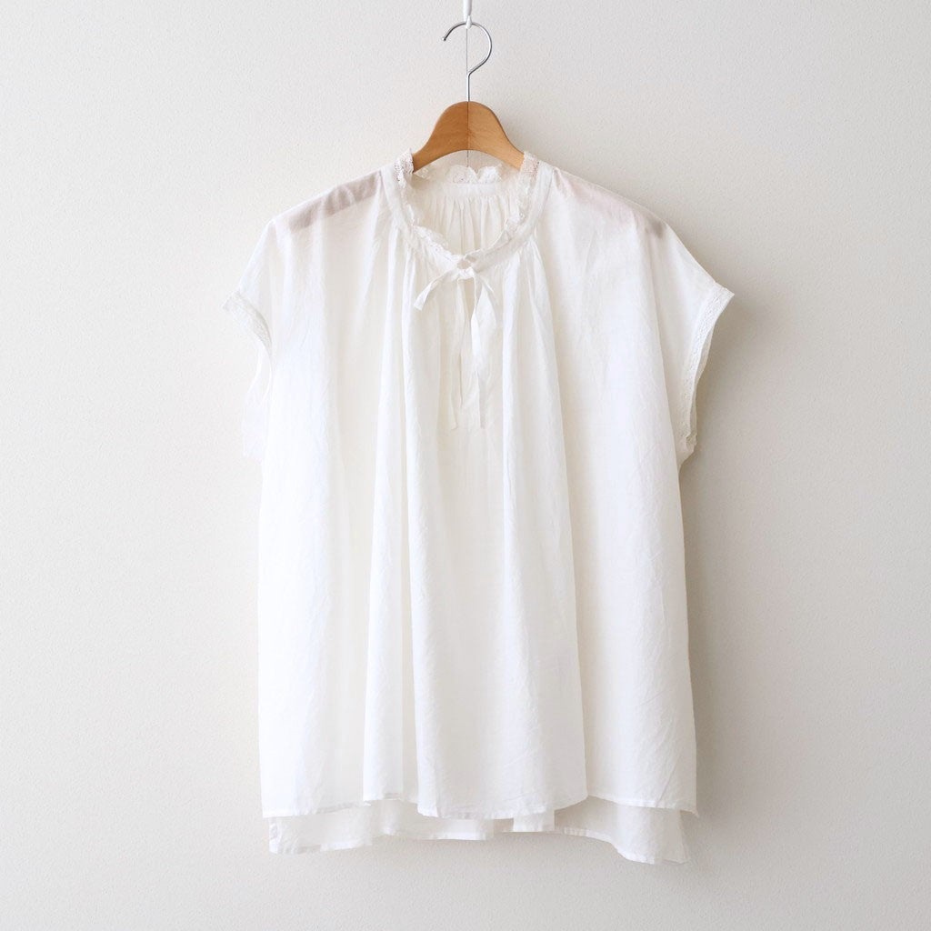 80s COTTON VOILE LACE LACE&STRING COLLAR GATHERED SHIRT #9100 WHT (OFF WHITE) [NSL26092]