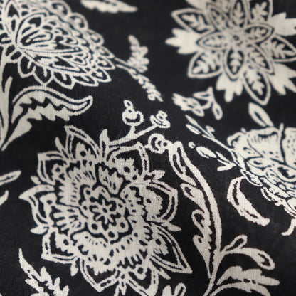 80s VOILE TWO TONE FLOWER PRINT REGULAR COLLAR S/SL DRESS #9982 BLACK x Lt BEIGE PRINT [NSL25084]