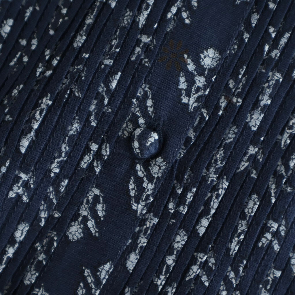 80s COTTON VOILE FLOWER BLOCK PRINT FRILL COLLAR PINTUCK SHIRT #3900 NVY (NAVY BASE) [NMDS25551]