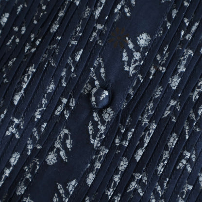80s COTTON VOILE FLOWER BLOCK PRINT FRILL COLLAR PINTUCK SHIRT #3900 NVY (NAVY BASE) [NMDS25551]
