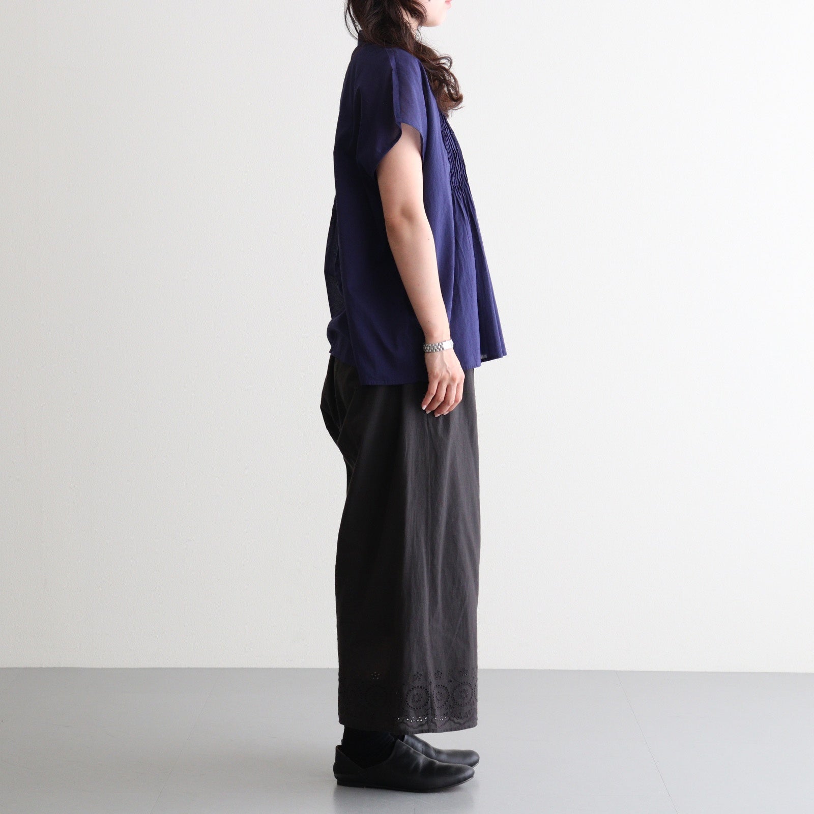 80s VOILE PLAIN WITH CUT WORK LACE EASY PANTS #9900 BLACK [INSL26345]