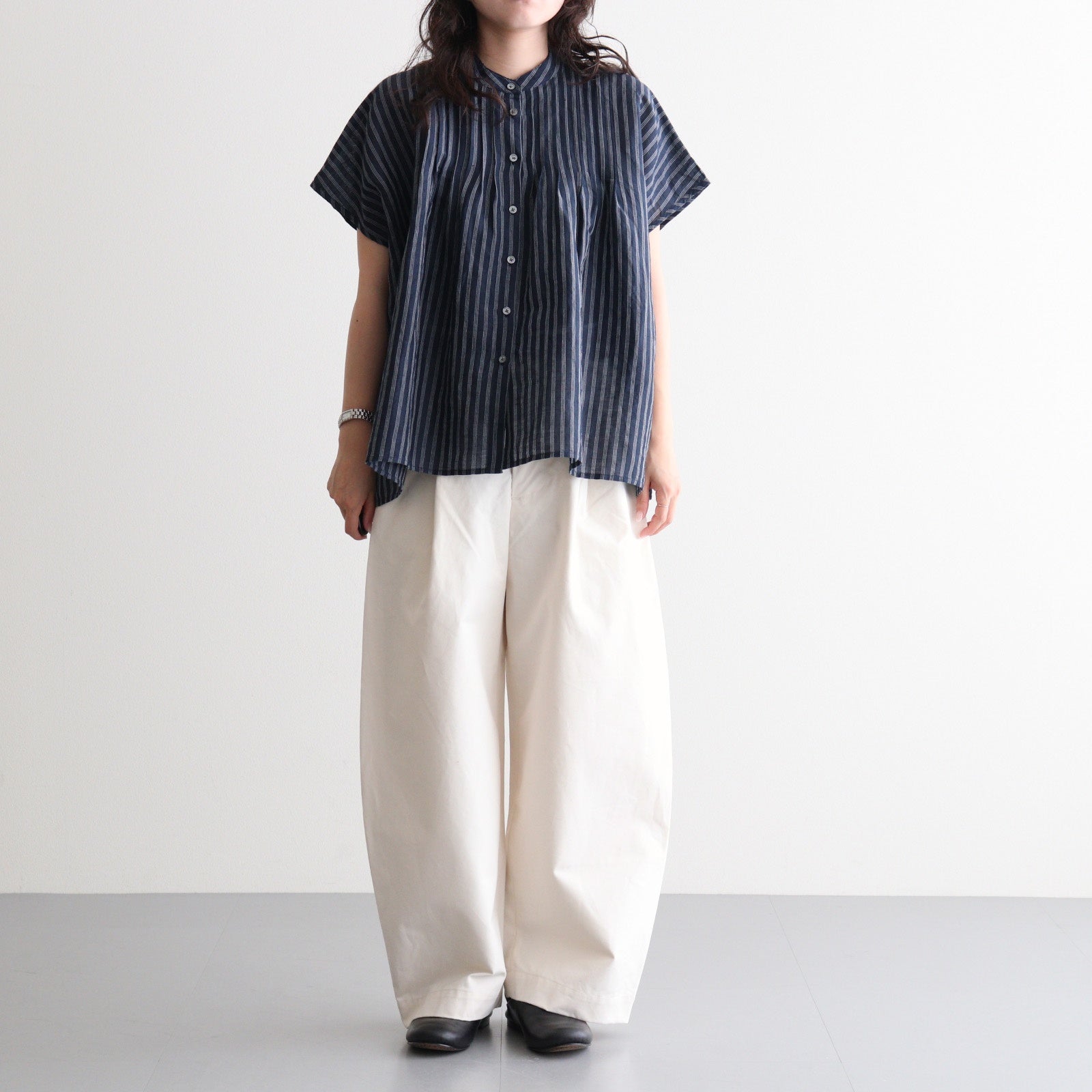 60s AUTO LOOM COTTON/LINEN STRIPE BANDED COLLAR FRENCH/SL PINTUCK SHIRTS #3991 NAVY/OFF.WHITE STRIPE [INSL26331]