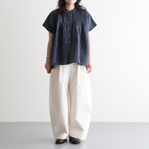 60s AUTO LOOM COTTON/LINEN STRIPE BANDED COLLAR FRENCH/SL PINTUCK SHIRTS #3991 NAVY/OFF.WHITE STRIPE [INSL26331]
