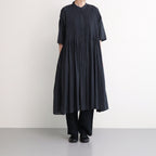 80s ORGANIC DOBIE CHECK(OVERDYE) BANDED COLLAR MAXI DRESS WITH PINTUCK #9971 O.BLACK [NMDS25254D]