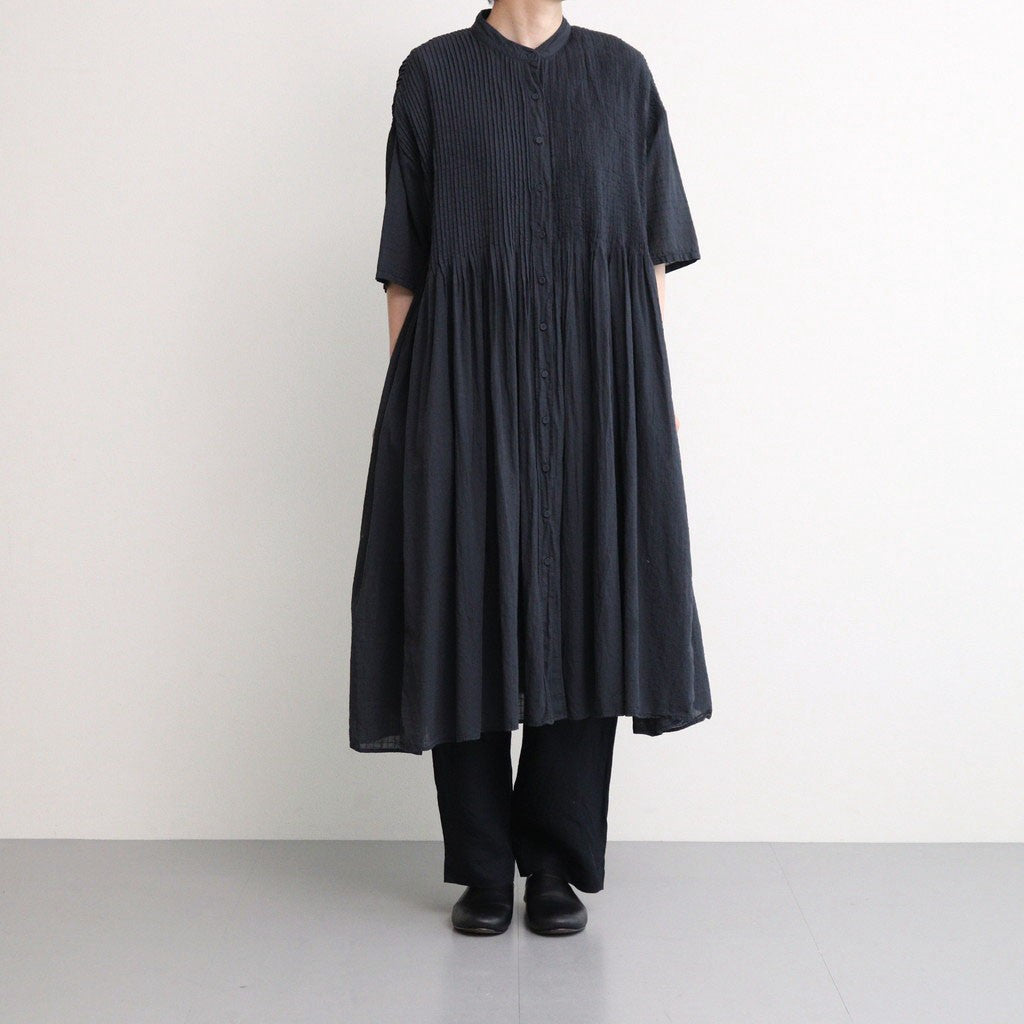 80s ORGANIC DOBIE CHECK(OVERDYE) BANDED COLLAR MAXI DRESS WITH PINTUCK #9971 O.BLACK [NMDS25254D]