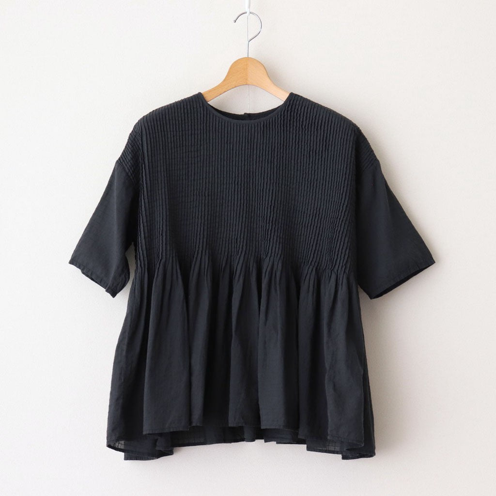 80s ORGANIC DOBIE CHECK(OVERDYE) CREW-NECK P/O HALF/SL SHIRT WITH PINTUCK #9971 O.BLACK [NMDS25251D]