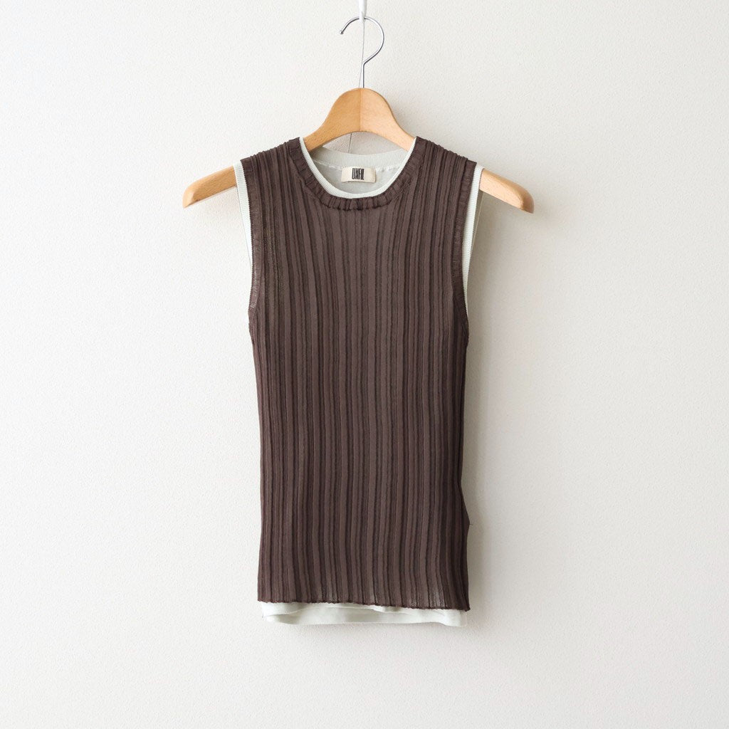 high-twisted cotton sheer knit layered sleeveless top #charcoal brown × mist green [WXSP-UW138]