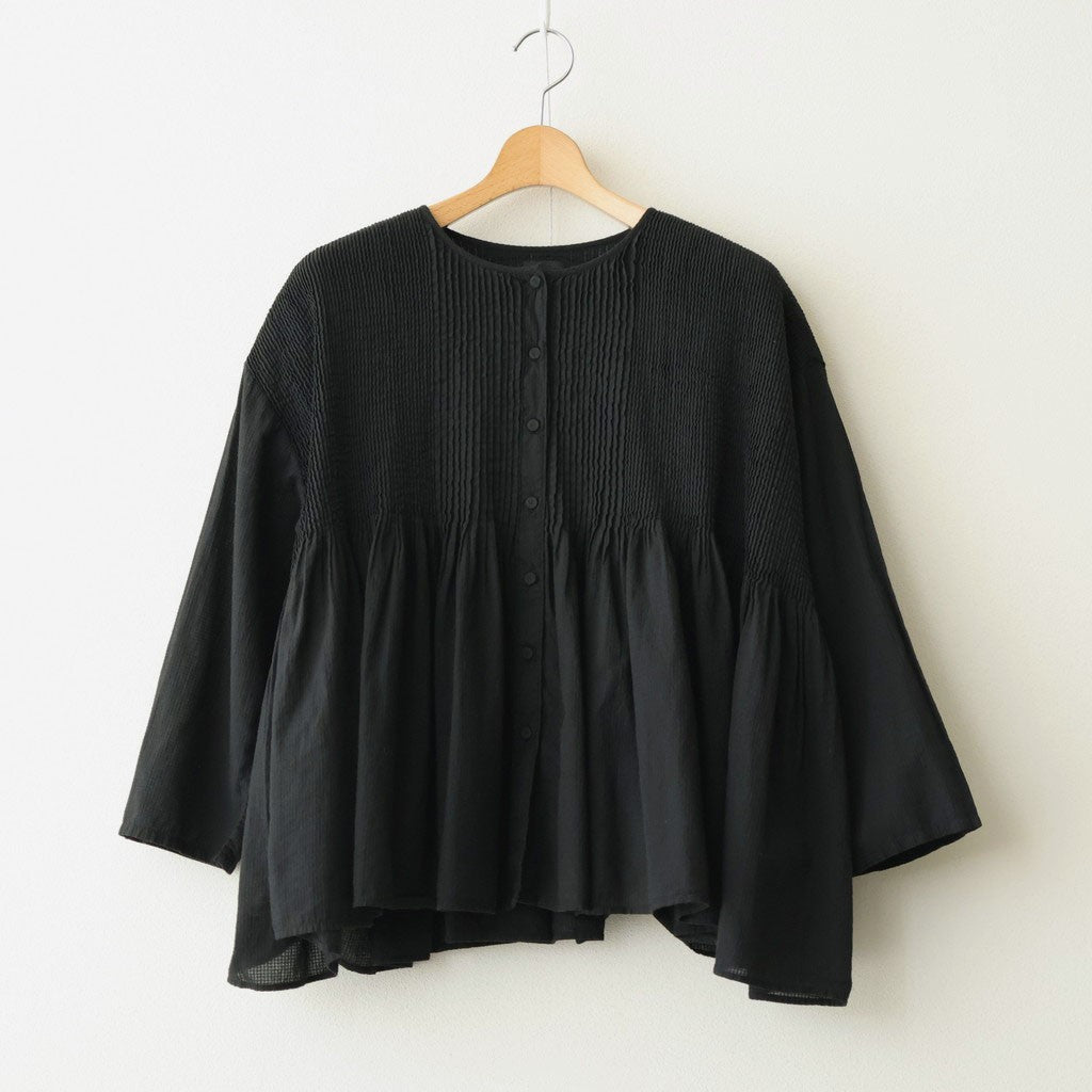 80s ORGANIC MICRO CHECK OVERDYE CREW-NECK BUTTON SHIRT WITH MINI PINTUCK #9912 BLACK (J.BLACK) [NMDS26233D]