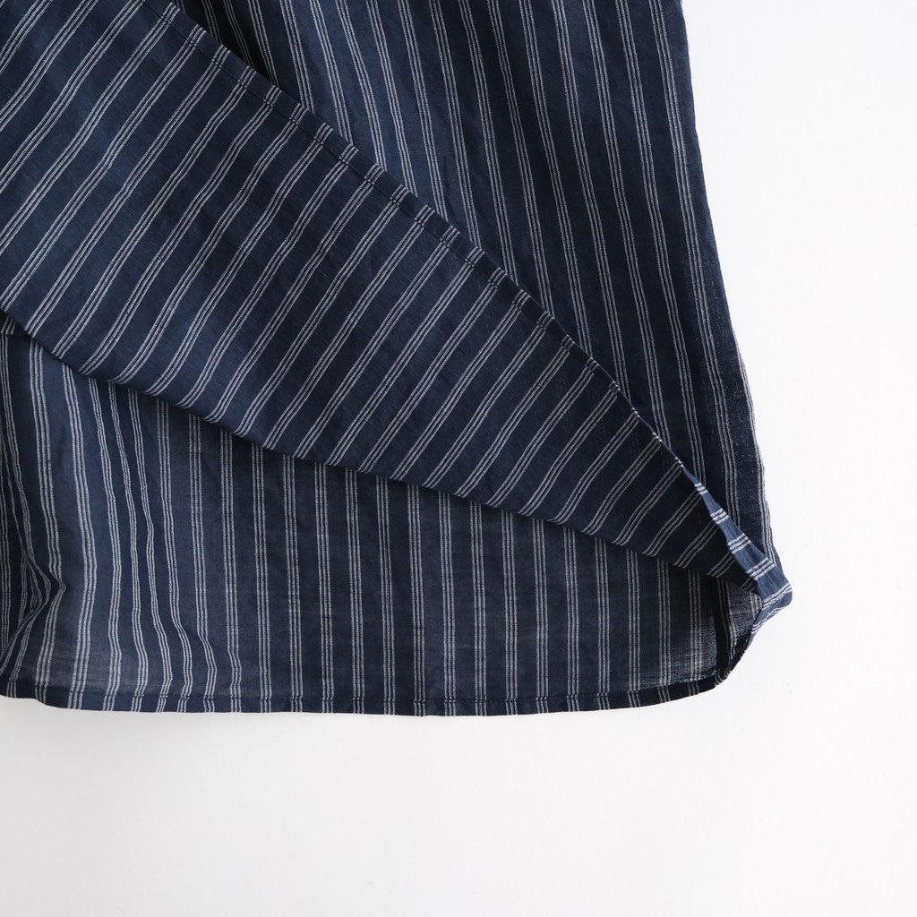 60s AUTO LOOM COTTON/LINEN STRIPE BANDED COLLAR FRENCH/SL PINTUCK SHIRTS #3991 NAVY/OFF.WHITE STRIPE [INSL26331]