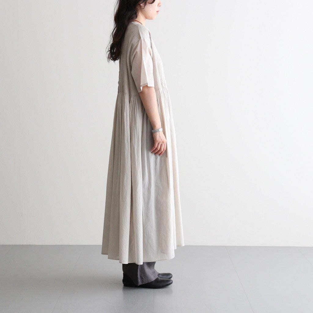 80s ORGANIC COTTON VOILE CREW-NECK HALF/SLEEVE DRESS WITH MINI PINTUCK #8200 BEIGE (MILKY BEIGE) [NMDS26243]