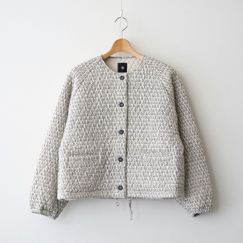 80s VOILE LITTLE TREE BLOCK PRINT QUILTED RAGLAN/SL STRING JACKET #9199 MILKY.GREY/BLACK PRINT [INMDS26721]