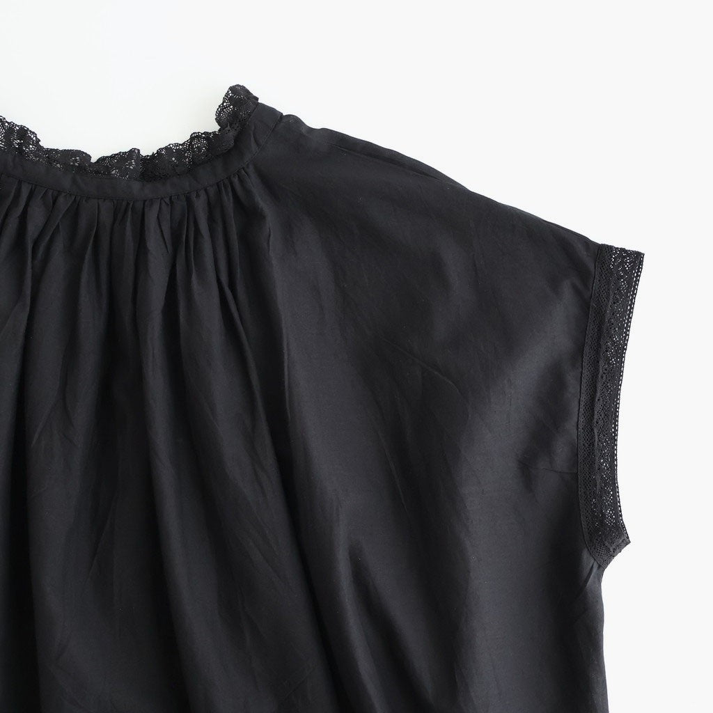 80s COTTON VOILE LACE LACE&STRING COLLAR GATHERED SHIRT #9900 BLACK [NSL26092]