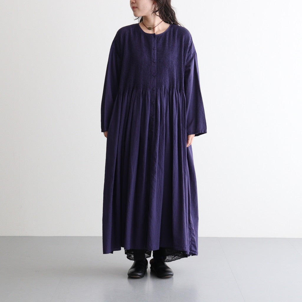 80s ORGANIC MICRO CHECK OVERDYE CREW-NECK BUTTON SHIRT MAXI DRESS WITH MINI PINTUCK #2813 PURPLE (D.PURPLE) [NMDS26234D]