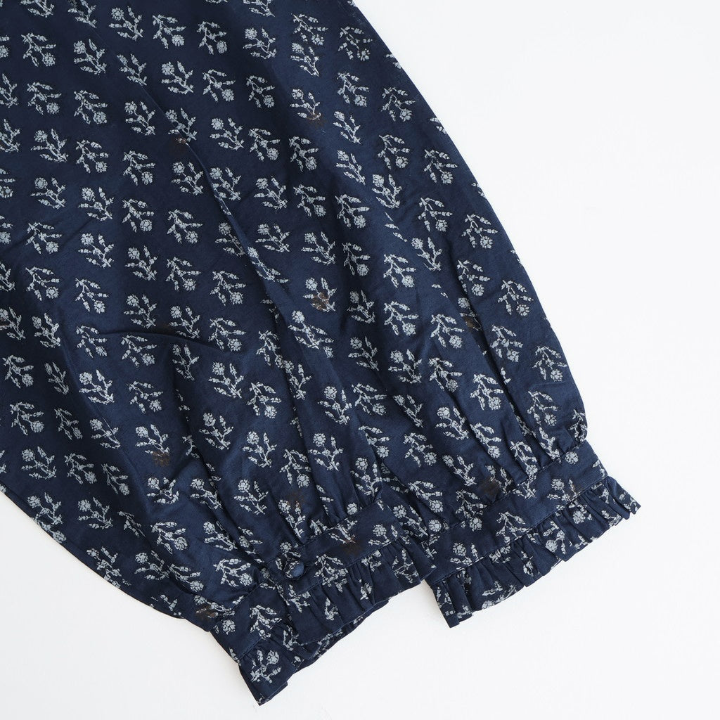 80s COTTON VOILE FLOWER BLOCK PRINT FRILL COLLAR PINTUCK SHIRT #3900 NVY (NAVY BASE) [NMDS25551]