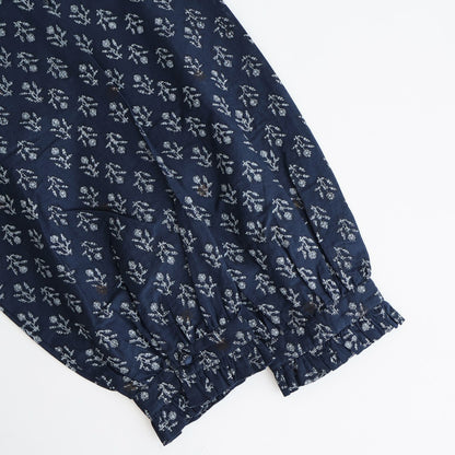 80s COTTON VOILE FLOWER BLOCK PRINT FRILL COLLAR PINTUCK SHIRT #3900 NVY (NAVY BASE) [NMDS25551]