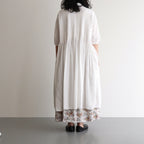 80s ORGANIC DOBIE CHECK(OVERDYE) BANDED COLLAR MAXI DRESS WITH PINTUCK #9170 MINRAL WHITE [NMDS25254D]