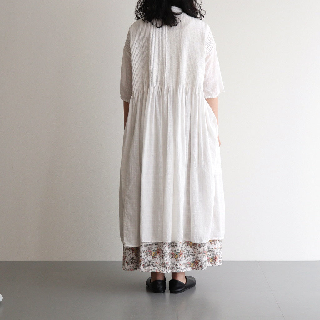 80s ORGANIC DOBIE CHECK(OVERDYE) BANDED COLLAR MAXI DRESS WITH PINTUCK #9170 MINRAL WHITE [NMDS25254D]