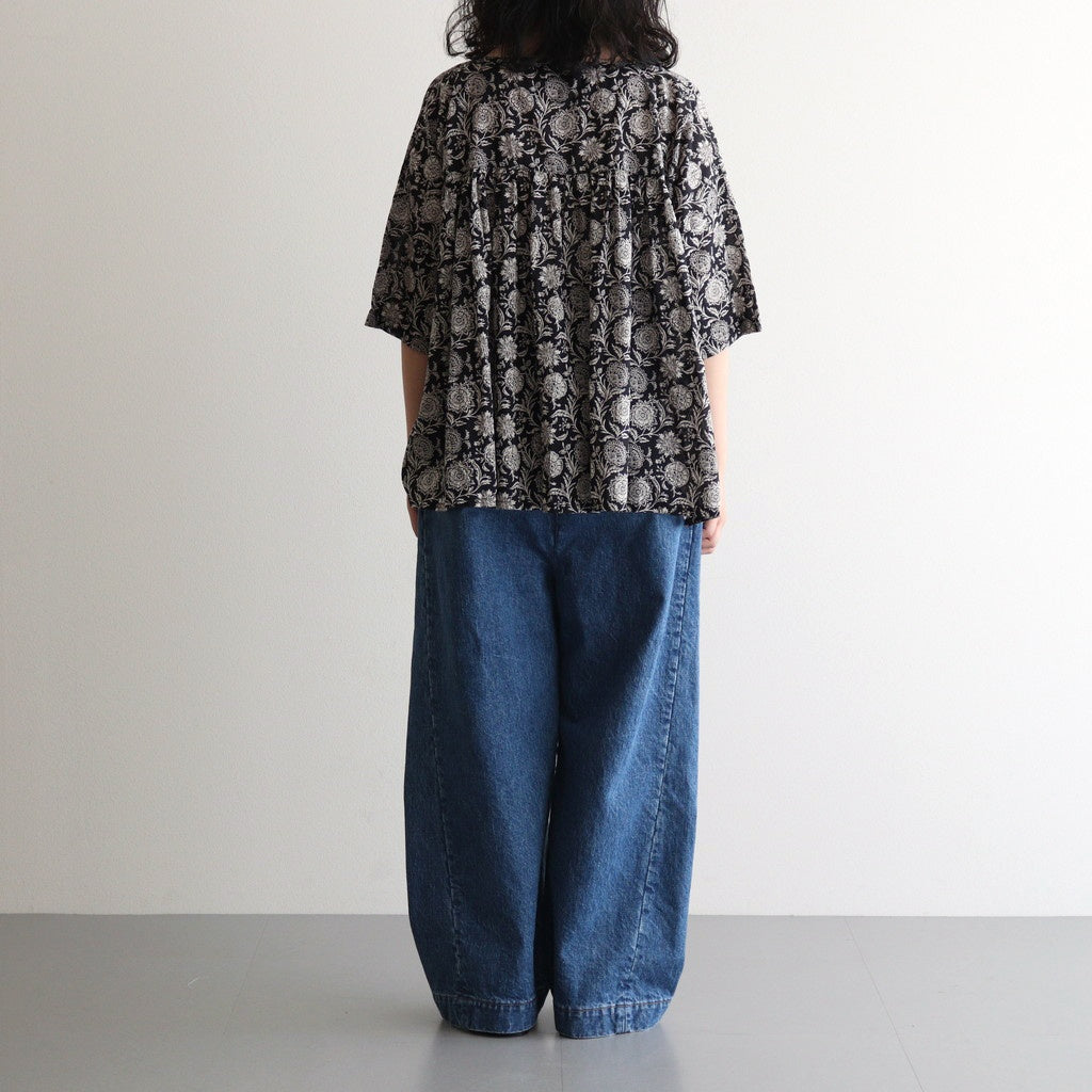 80s VOILE TWO TONE FLOWER PRINT GATHERED SMOCK #9982 BLACK x Lt BEIGE PRINT [NSL25082]