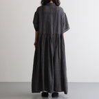 80s POWER LOOM LINEN CHECK REGULAR COLLAR DRESS WITH RAJASTAN GATHER #9890 OFF BLACK x WHITE CHECK [NMDS26284]