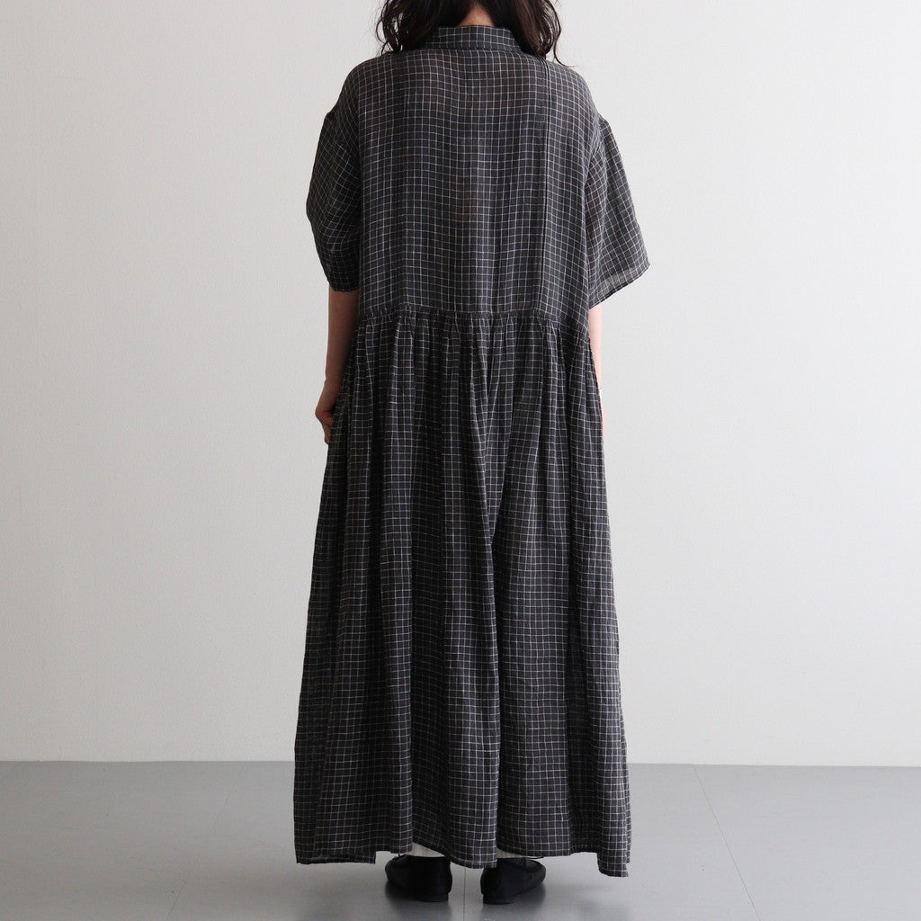 80s POWER LOOM LINEN CHECK REGULAR COLLAR DRESS WITH RAJASTAN GATHER #9890 OFF BLACK x WHITE CHECK [NMDS26284]