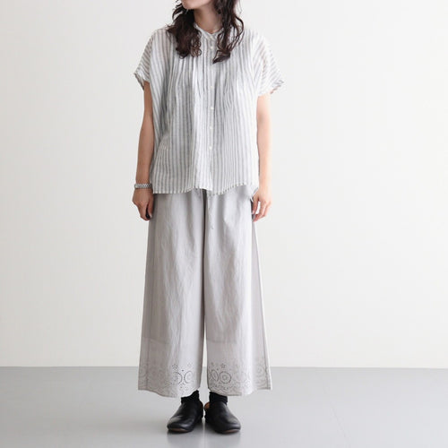 60s AUTO LOOM COTTON/LINEN STRIPE BANDED COLLAR FRENCH/SL PINTUCK SHIRTS #9139 OFF.WHITE/NAVY STRIPE [INSL26331]