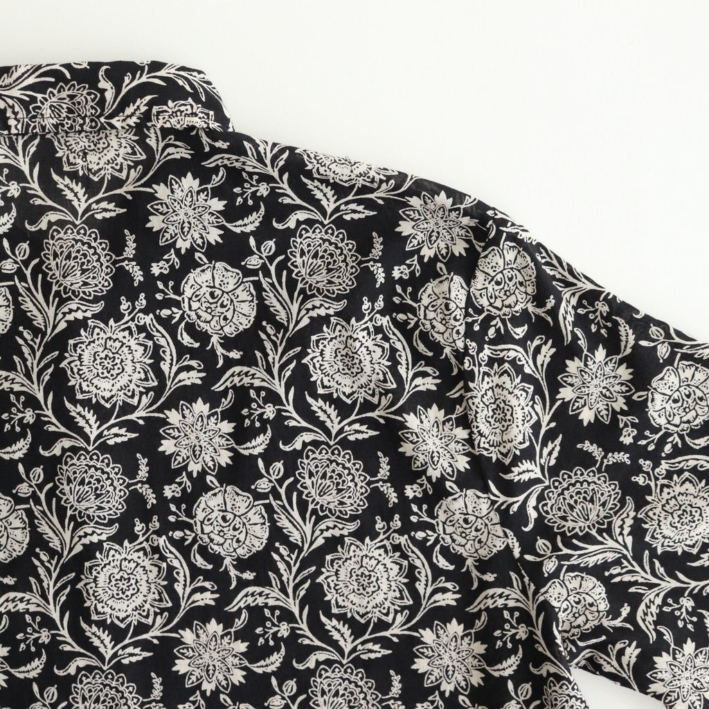 80s VOILE TWO TONE FLOWER PRINT REGULAR COLLAR S/SL DRESS #9982 BLACK x Lt BEIGE PRINT [NSL25084]
