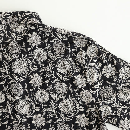 80s VOILE TWO TONE FLOWER PRINT REGULAR COLLAR S/SL DRESS #9982 BLACK x Lt BEIGE PRINT [NSL25084]