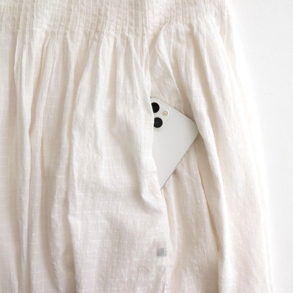 80s ORGANIC DOBIE CHECK(OVERDYE) BANDED COLLAR MAXI DRESS WITH PINTUCK #9170 MINRAL WHITE [NMDS25254D]