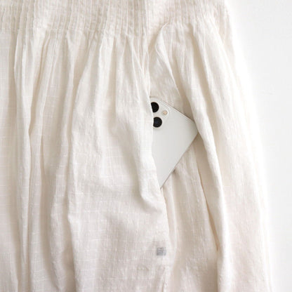 80s ORGANIC DOBIE CHECK(OVERDYE) BANDED COLLAR MAXI DRESS WITH PINTUCK #9170 MINRAL WHITE [NMDS25254D]