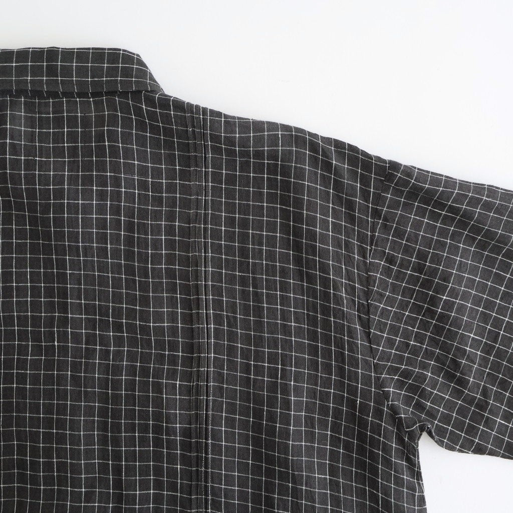 80s POWER LOOM LINEN CHECK REGULAR COLLAR DRESS WITH RAJASTAN GATHER #9890 OFF BLACK x WHITE CHECK [NMDS26284]