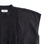 80s COTTON VOILE PLAIN BANDED COLLAR FRENCH/SL PINTUCK SHIRT #9900 BLACK [NSL26022]