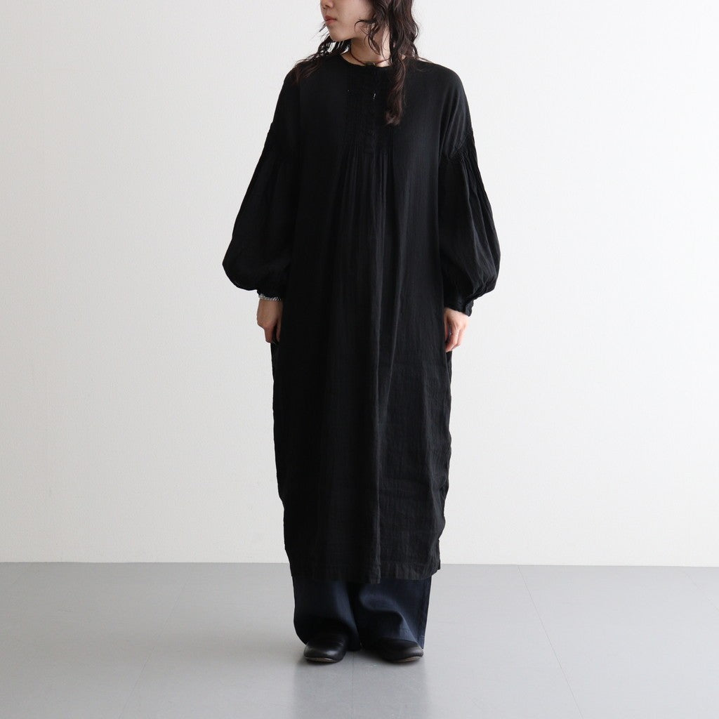 60s AUTOLOOM LINEN/COTTON PLAIN OVERDYE BACK OPENING CREW-NECK SHIRTS DRESS WITH MINI PINTUCK #9900 BLACK [INMDS26011D]