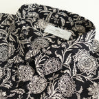 80s VOILE TWO TONE FLOWER PRINT REGULAR COLLAR S/SL DRESS #9982 BLACK x Lt BEIGE PRINT [NSL25084]
