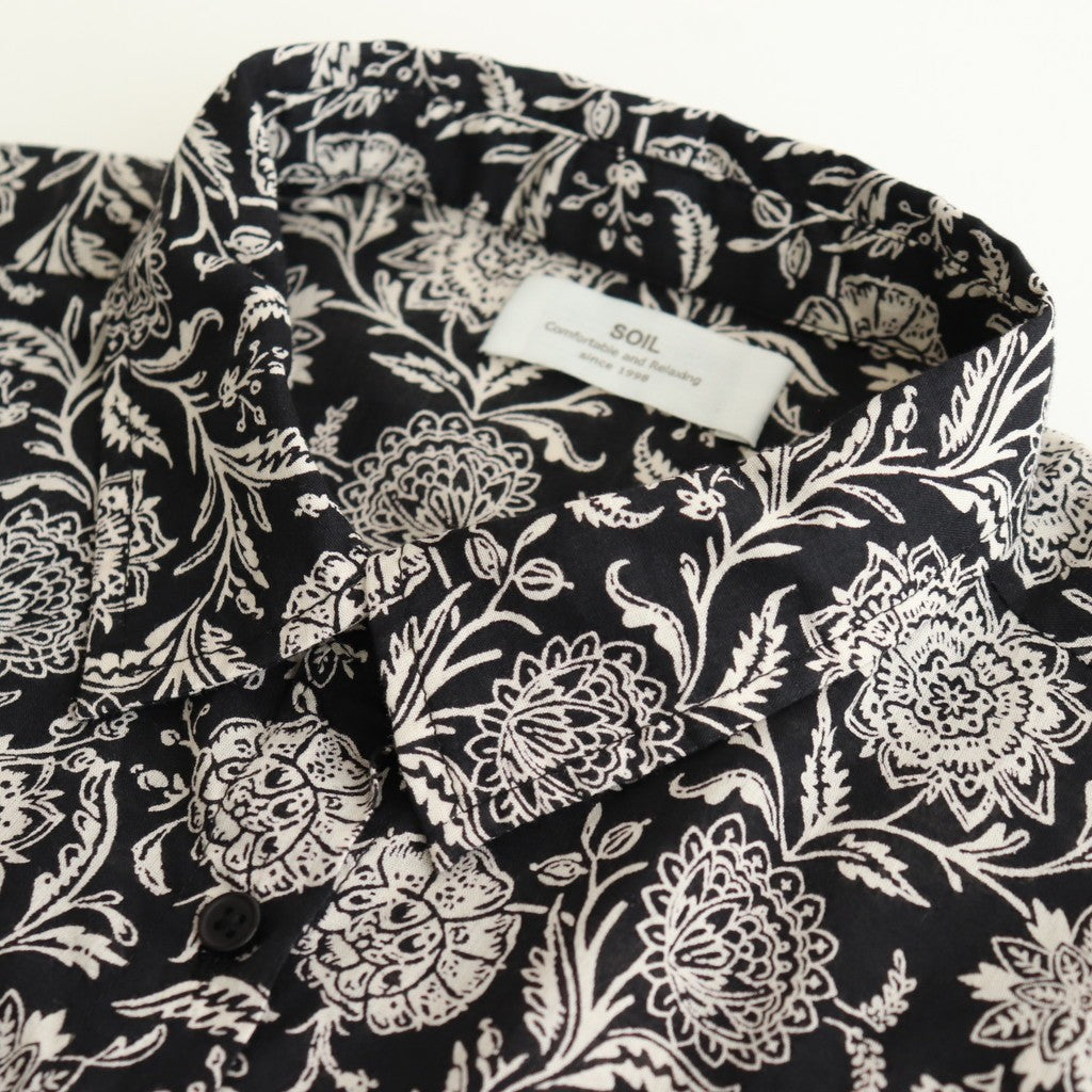 80s VOILE TWO TONE FLOWER PRINT REGULAR COLLAR S/SL DRESS #9982 BLACK x Lt BEIGE PRINT [NSL25084]
