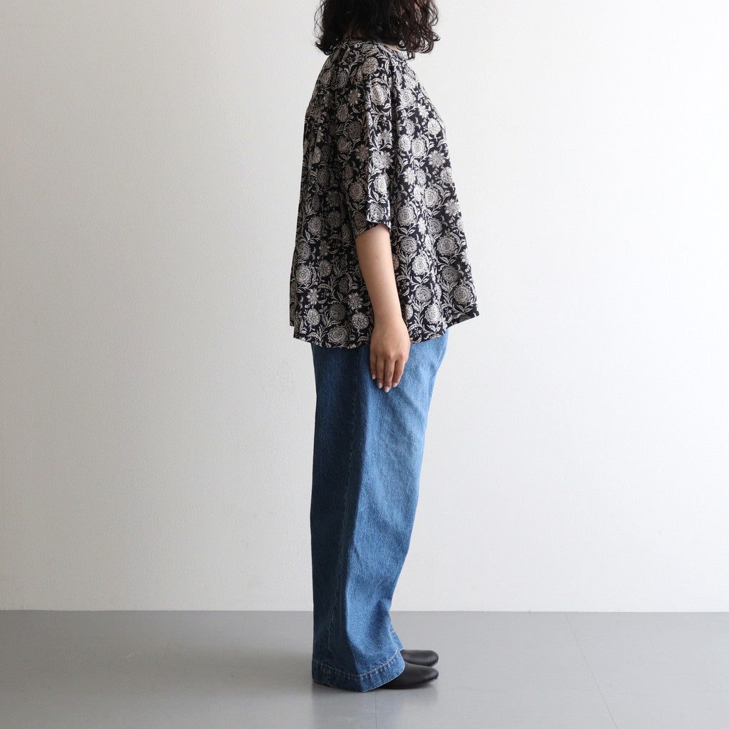 80s VOILE TWO TONE FLOWER PRINT GATHERED SMOCK #9982 BLACK x Lt BEIGE PRINT [NSL25082]