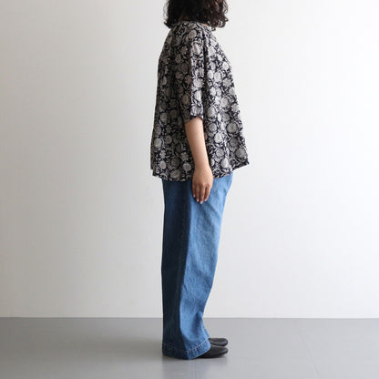 80s VOILE TWO TONE FLOWER PRINT GATHERED SMOCK #9982 BLACK x Lt BEIGE PRINT [NSL25082]