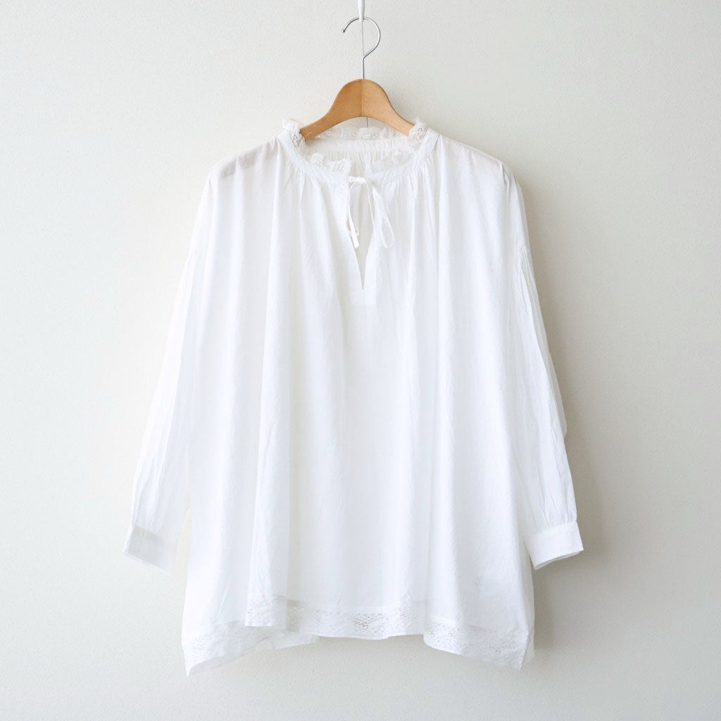 60s COTTON CAMBRIC PLAIN WITH LACE LACE & STRING COLLAR GATHERED SHIRT #9000 WHITE [NSL26552]