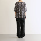 80s VOILE TWO TONE FLOWER PRINT GATHERED SMOCK #9982 BLACK x Lt BEIGE PRINT [NSL25082]