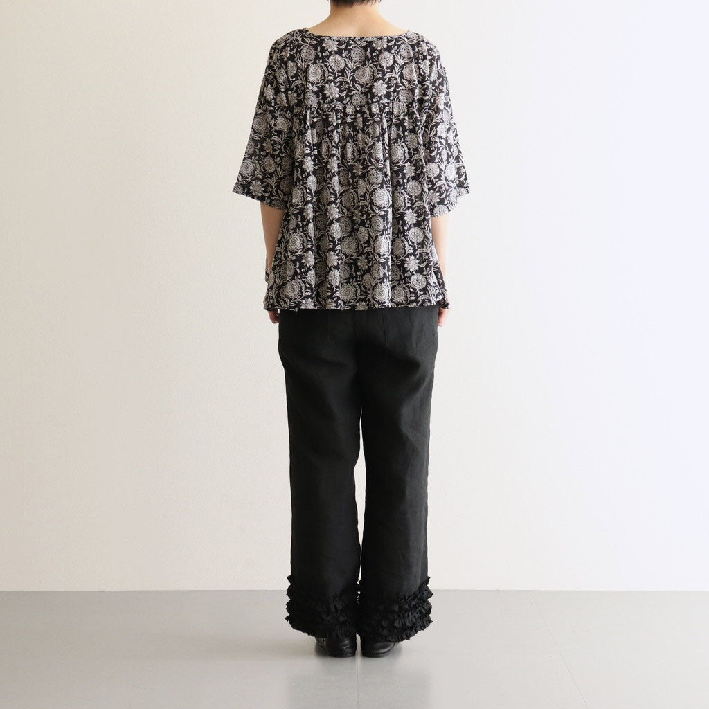 80s VOILE TWO TONE FLOWER PRINT GATHERED SMOCK #9982 BLACK x Lt BEIGE PRINT [NSL25082]