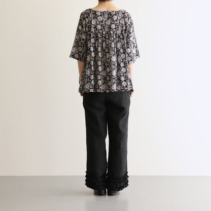 80s VOILE TWO TONE FLOWER PRINT GATHERED SMOCK #9982 BLACK x Lt BEIGE PRINT [NSL25082]