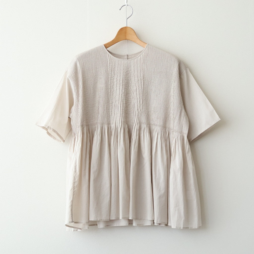 80s ORGANIC COTTON VOILE CREW-NECK PULLOVER HALF/SLEEVE SHIRT WITH MINI PINTUCK #8200 BEIGE (MILKY BEIGE) [NMDS26241]