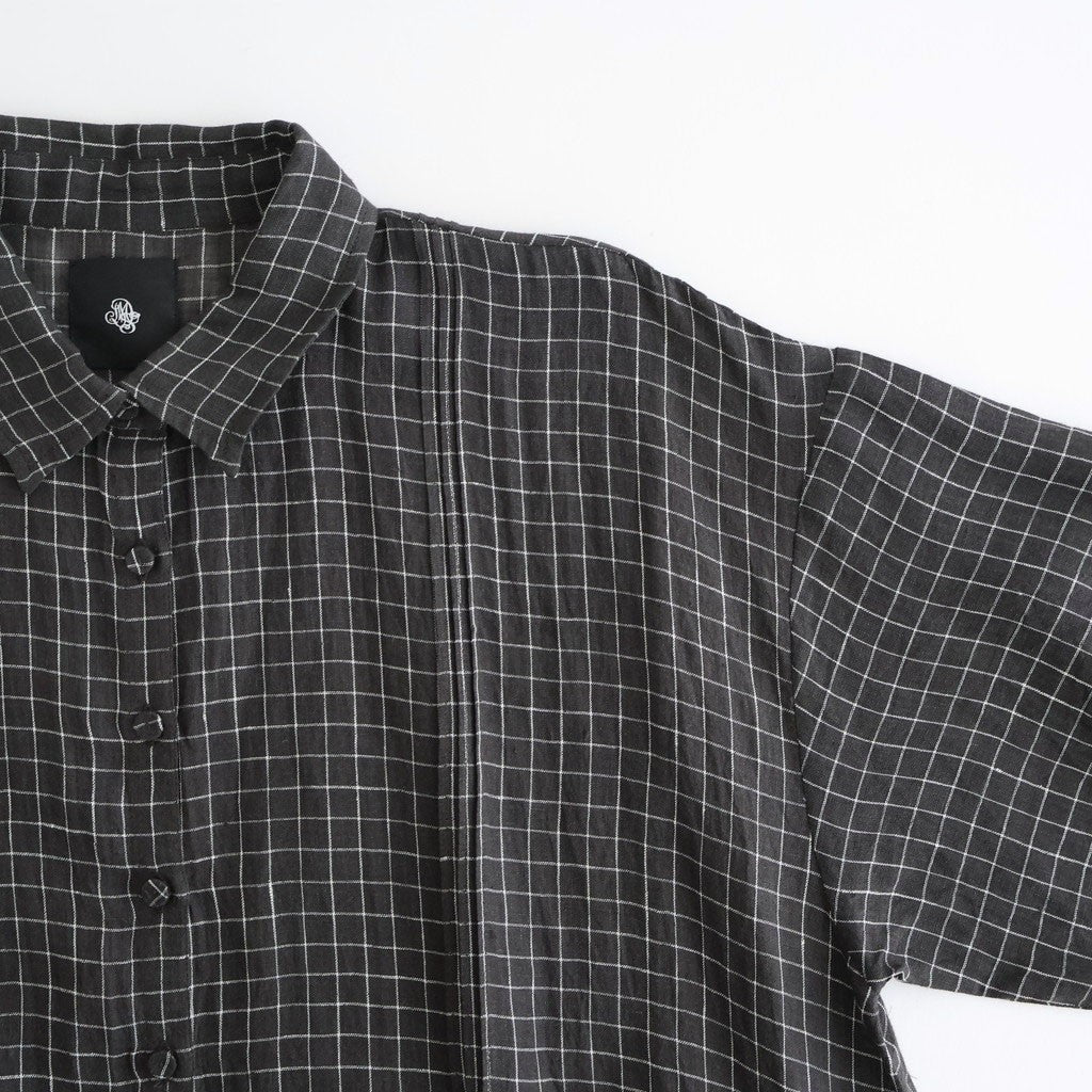 80s POWER LOOM LINEN CHECK REGULAR COLLAR DRESS WITH RAJASTAN GATHER #9890 OFF BLACK x WHITE CHECK [NMDS26284]