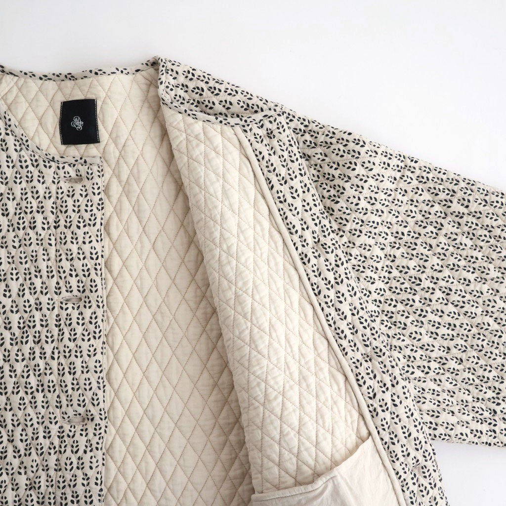 80s VOILE LITTLE TREE BLOCK PRINT QUILTED RAGLAN/SL STRING JACKET #9199 MILKY.GREY/BLACK PRINT [INMDS26721]