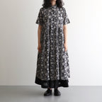 80s VOILE TWO TONE FLOWER PRINT REGULAR COLLAR S/SL DRESS #9982 BLACK x Lt BEIGE PRINT [NSL25084]