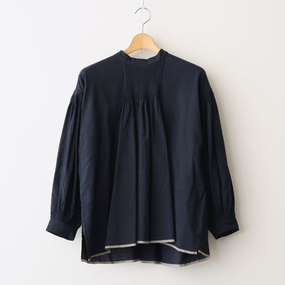 HANDWOVEN HEAVY COTTON PLAIN BACK OPENING STAND COLLAR SHIRT WITH MINI PINTUCK #9900 BLACK/BEIGE SELVAGE [INMDS25722]