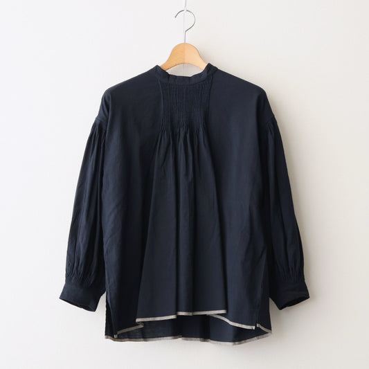 HANDWOVEN HEAVY COTTON PLAIN BACK OPENING STAND COLLAR SHIRT WITH MINI PINTUCK #9900 BLACK/BEIGE SELVAGE [INMDS25722]