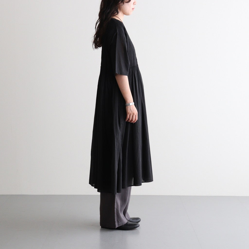 80s ORGANIC COTTON VOILE CREW-NECK HALF/SLEEVE DRESS WITH MINI PINTUCK #9900 BLACK [NMDS26243]