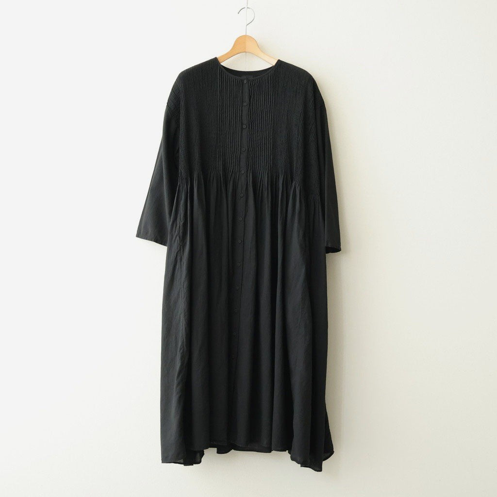 80s ORGANIC MICRO CHECK OVERDYE CREW-NECK BUTTON SHIRT MAXI DRESS WITH MINI PINTUCK #9912 BLACK (J.BLACK) [NMDS26234D]