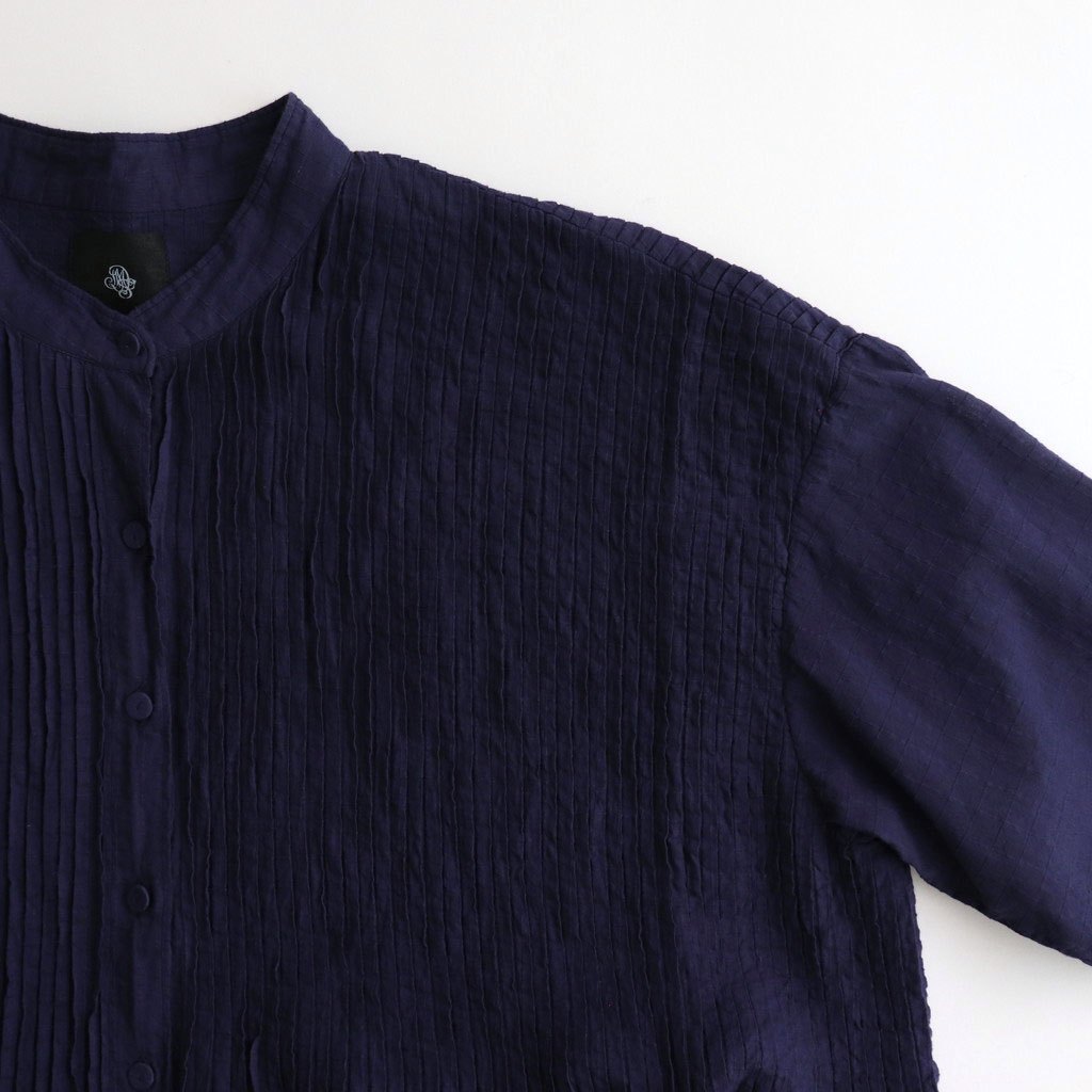 80s ORGANIC DOBIE CHECK(OVERDYE) BANDED COLLAR MAXI DRESS WITH PINTUCK #2813 D.PURPLE [NMDS25254D]